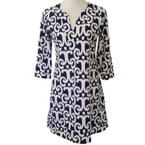 Jude Connally Women’s Size XS Navy Blue White Geometric Print Shift Mini Dress